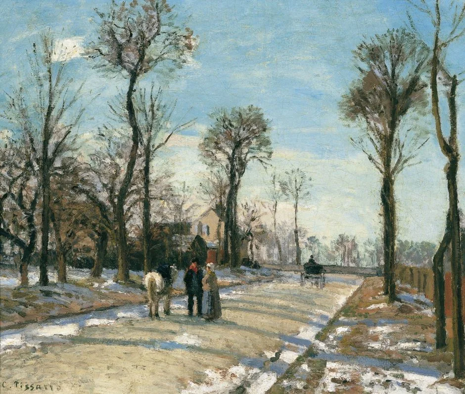 Camille Pissarro (1830-1903), Route de Versailles, Louveciennes, Winter Sun and Snow (c 1870), oil on canvas, 46 x 55.3 cm, Museo Thyssen-Bornemisza, Madrid. Wikimedia Commons.