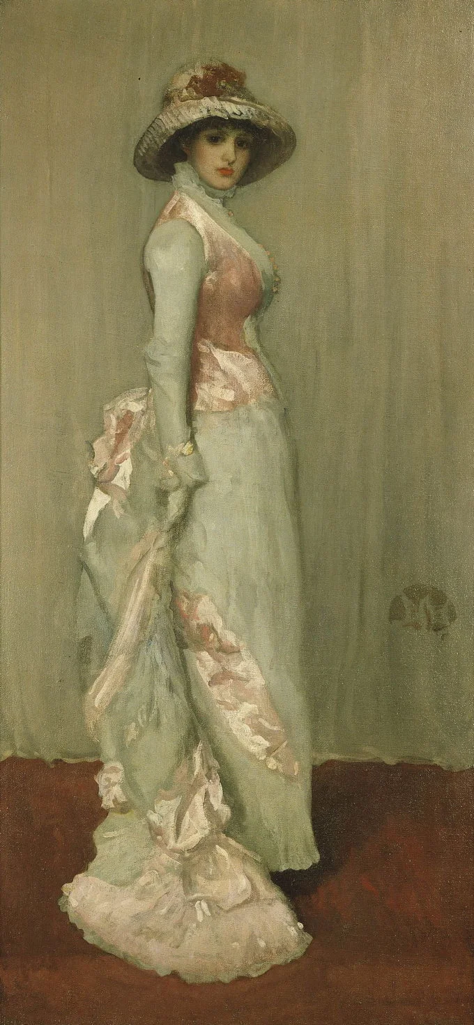 James Abbott McNeill Whistler, Harmony in Pink and Grey: Portrait of Lady Meux (1881-2), oil on canvas, 103.7 x 93 cm, The Frick Collection, New York, NY. WikiArt.