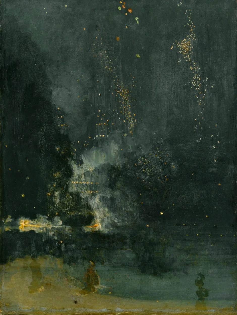 James Abbott McNeill Whistler, Nocturne in Black and Gold: The Falling Rocket (1875), oil on wood, 60.3 x 46.6 cm, Detroit Institute of Arts, Detroit, MI. WikiArt.