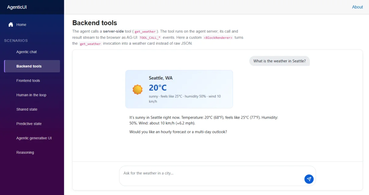 The Backend Tools page rendering get_weather as a typed weather card
