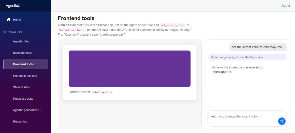 The Frontend Tools page after the agent changes application-local component state