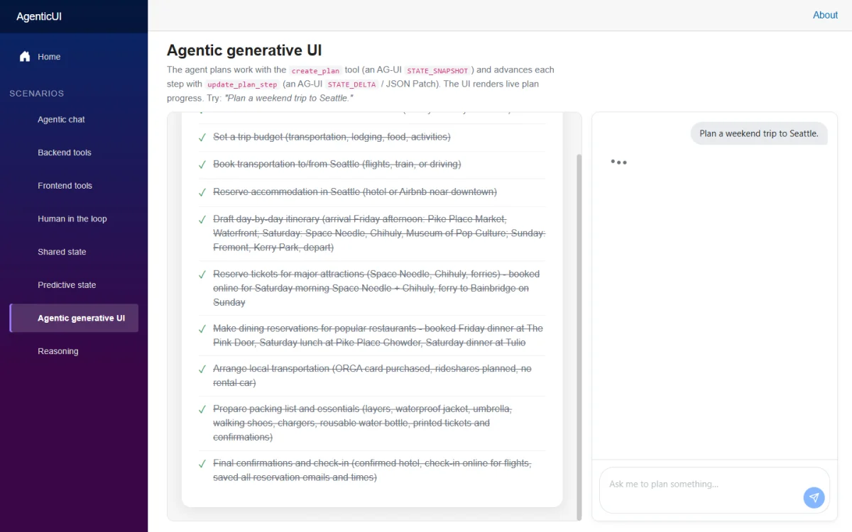The Agentic Generative UI page showing a plan update as the agent works