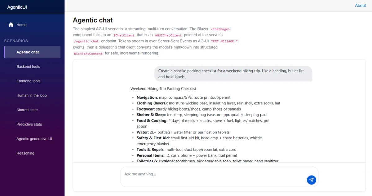 The Agentic Chat page streaming a structured response from the remote agent