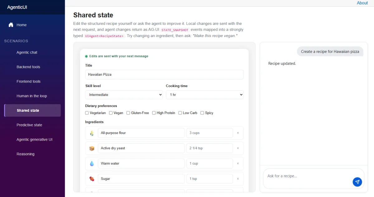 The Shared State page with an editable recipe beside the agent interaction