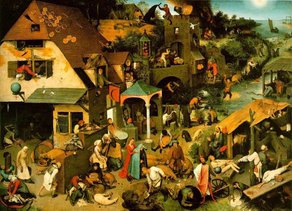 Pieter Bruegel the Elder, Dutch Proverbs (1559), oil on oak wood, 117 x 163 cm, Gemäldegalerie, Berlin. Wikimedia Commons.